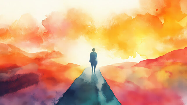 Spiritual journey flat design side view path theme watercolor complementary color scheme. Watercolor Harmony. Illustration