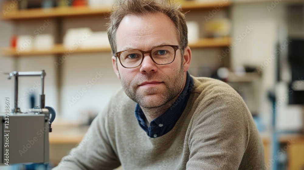Poster man with glasses in a workshop setting