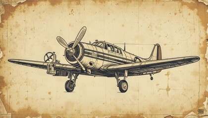 Vintage Sketch of Classic Aircraft on Aged Paper, Retro Aviation Art with Mid-Century Design