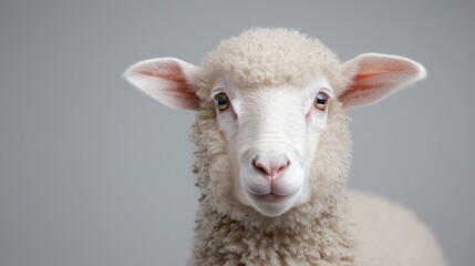 Fototapeta premium Fluffy lamb portrait, studio shot, grey background, farm animal