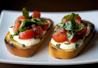 A photograph of two small bruschetta with mozzarella, tomato, and basil on top, presented on an elegant white plate against a black background.