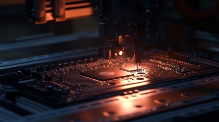 A close-up image of a unbranded circuit board being made in a dark factory. It has electronic parts like chips and other components on it.