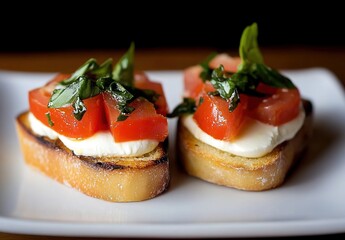 A photograph of two small bruschetta with mozzarella, tomato, and basil on top, presented on an elegant white plate against a black background.