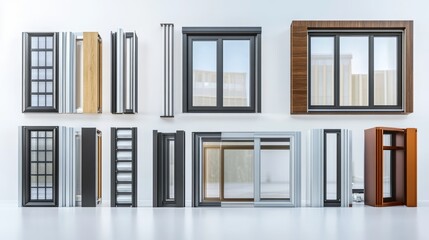 A collection of different modern office window frames, shown separately on a white background. These aluminum window frames are great for designing the exterior of a building.