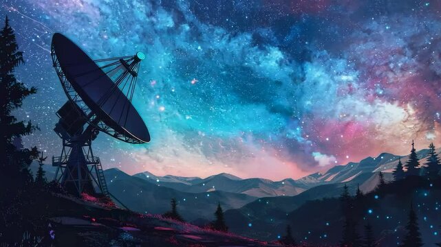 A digital animation of a Loti night sky featuring stars, planets, and cosmic elements, symbolizing space exploration and the mysteries of the universe.