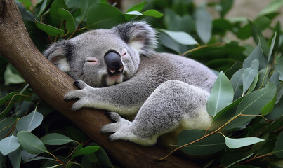 Obraz premium A koala napping contentedly in a eucalyptus tree, adding to the peaceful charm of Australia's wildlife