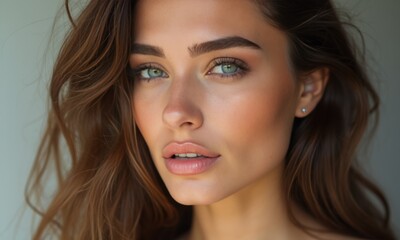 Obraz premium A Woman Displays Flawless Makeup That Highlights Her Expressive Eyes and Smooth Skin