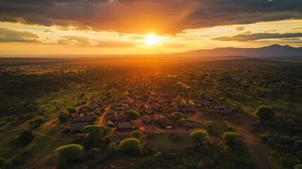 A drone captures a stunning sunset view of a traditional Masai village near Arusha, Tanzania.