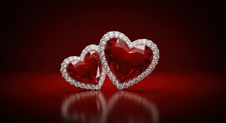 Valentine's Day background for a romantic holiday Love Two sparkling white and red gemstone crystal jewel hearts against a dark red backdrop heart shaped diamond love celebration valentines day