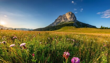 Obraz premium in the stunning scenery a vast field filled with tall vibrant grass and colorful flowers stretches out with a majestic mountain looming in the background