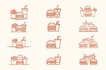 Fast food icon set, burgers, french fries, and soft drink symbols