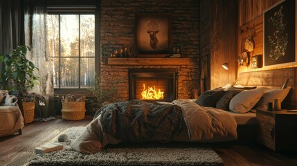 Cozy Rustic Bedroom with Fireplace and Nature View in Evening Light
