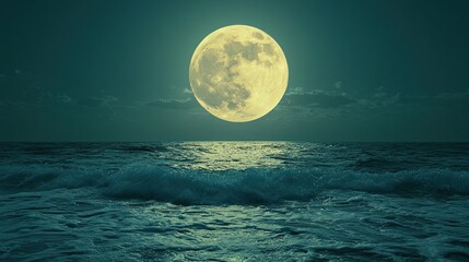 Fototapeta premium Full moon over tranquil ocean waves at night.