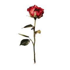 Obraz premium single red rose with green leaves, symbolizing love and beauty, stands elegantly against transparent background. Its vibrant petals and delicate stem evoke feelings of romance and admiration