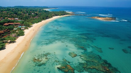 Obraz premium A bird's-eye view of Unawatuna beach in Sri Lanka, with its crystal-clear waters and golden sands.