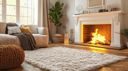 Fototapeta premium Cozy Living Room with Fireplace and Warm Decor Elements