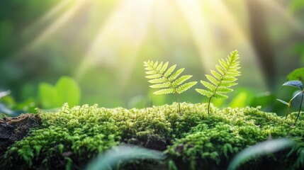Fototapeta premium Young ferns growing on mossy log in sunlight