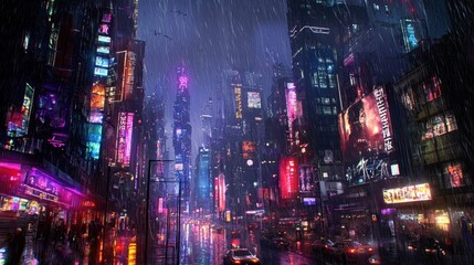 Obraz premium Vibrant Neon Cityscape at Night with Rain on Street
