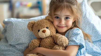 Joyful Child Holding Teddy Bear in Cozy Bedroom With Soft Blue Bedding and Bright Morning Light