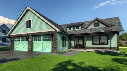 Obraz premium A modern farmhouse home sporting cool mint siding