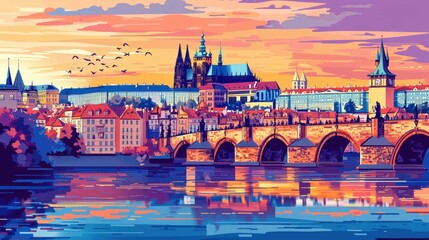 Naklejka premium Vibrant Sunset Over Iconic Prague Castle and Charles Bridge View
