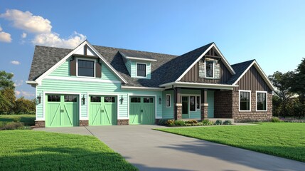 A modern farmhouse home sporting cool mint siding