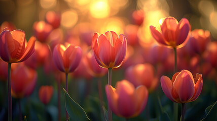 Fototapeta premium Sunlit tulip blooms in Skagit Valley during springtime magic