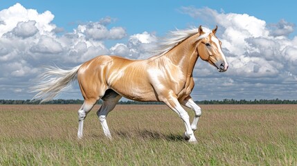 Obraz premium Palomino horse running field, summer sky. Stock photo for equine websites