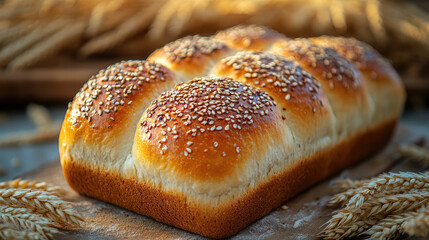 Freshly baked bread with golden wheat in the background