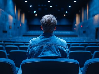 Person Sitting Alone in Dark Blue Theater With Rows of Empty Seats During a Quiet Evening Performance