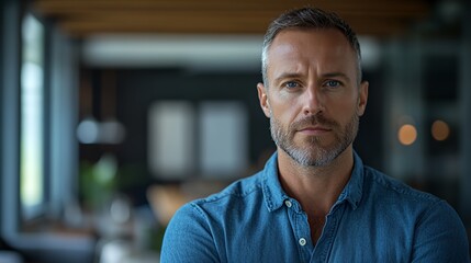 Obraz premium Confident Man in Denim Shirt Poses Thoughtfully in a Modern Indoor Space With Soft Lighting During the Daytime