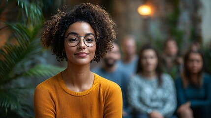 Woman With Curly Hair in a Cozy Setting Smiles Confidently While Sitting Among a Group of People During an Engaging Gathering