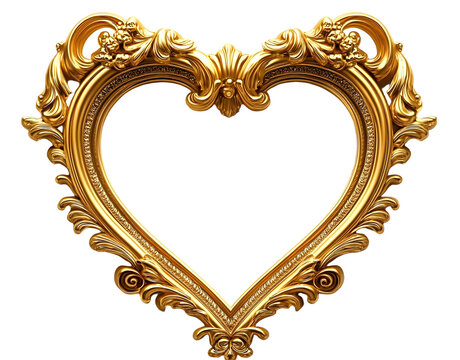 Naklejki Luxurious gold heart frame for special occasions. Ornate vintage design. Shiny golden texture. Perfect for luxury gifts decorations. Ideal for wedding Valentine Day cards. Decorative frame adds