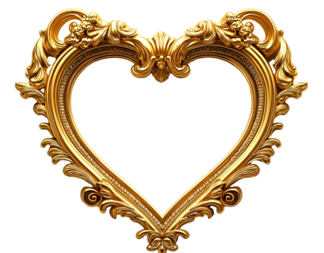 Luxurious gold heart frame for special occasions. Ornate vintage design. Shiny golden texture. Perfect for luxury gifts decorations. Ideal for wedding Valentine Day cards. Decorative frame adds