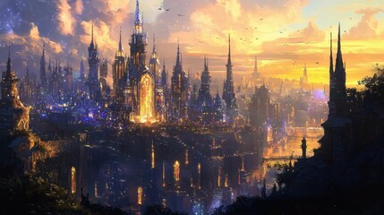 Fototapeta premium Enchanted Cityscape at Dusk with Magical Towers and Soft Glow