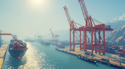 Fototapeta premium Container Ship Docks at Busy Industrial Port