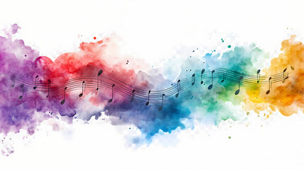 Obraz premium A watercolor illustration depicts a musical staff with notes in pride colors, symbolizing the harmony of diversity, on a transparent background. Watercolor Harmony. Illustration
