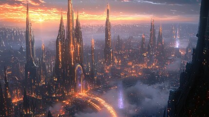 Futuristic Cityscape at Dusk with Glowing Skyscrapers and Bridges