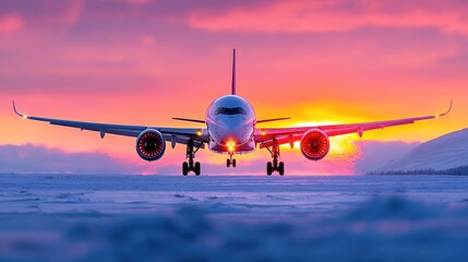 Naklejka premium Commercial passenger airplane prepares for takeoff on a snowy runway during a vibrant sunset.