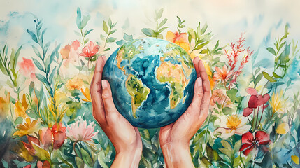 A watercolor painting depicts hands holding a globe surrounded by colorful flowers and plants. Watercolor Harmony. Illustration