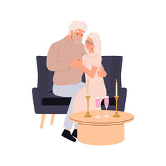 Happy senior couple on a romantic date at a cafe at Valentine's Day. Elder aged man and woman, wife and husband, spouse sitting on the sofa. Vector illustration isolated on white background