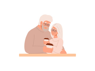 Elderly man and woman, old husband and wife in romantic relationship. Senior love couple with coffee cups on date. Mature spouses. Vector illustration isolated on white background