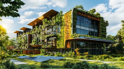 Obraz premium Modern Eco-Friendly Building with Lush Greenery and Solar Panels