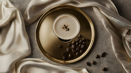 Creamy coffee beverage served in a luxurious setting, adorned with coffee beans.