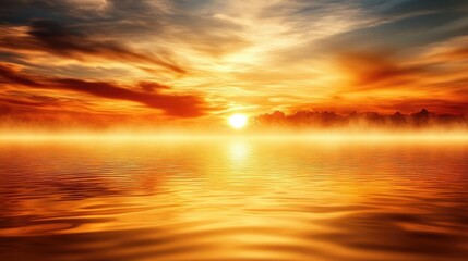 Fototapeta premium Fiery Sunset Over Calm Water With Misty Horizon