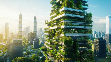 Obraz premium Sustainable Urban Architecture with Vertical Gardens and Tall Buildings