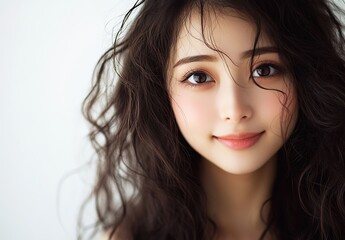 Fototapeta premium A photograph of the most beautiful japanese women with long, curly hair, big eyes, and flawless skin, smiling for her beauty portrait. 