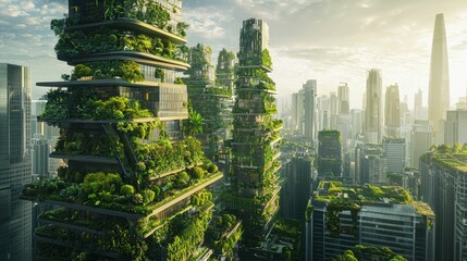 Obraz premium Futuristic Eco-Friendly Skyscrapers Surrounded by Urban Landscape