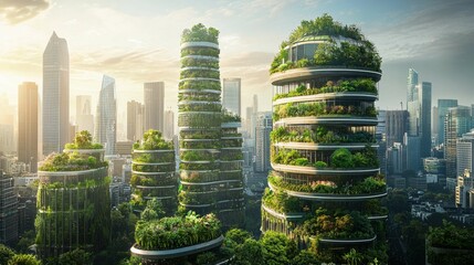 Obraz premium Futuristic Urban Landscape with Green Architecture and Nature Integration