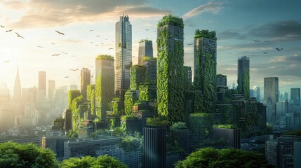 Futuristic Urban Landscape with Lush Greenery and Skyscrapers